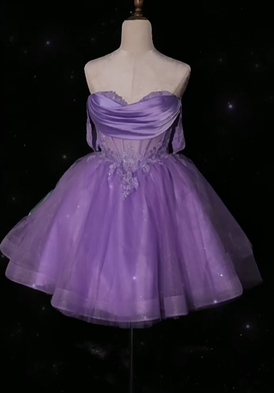 Elegant Lavender Sweetheart Neck Tulle Appliques A Line Birthday Outfits Formal Homecoming Dress D153