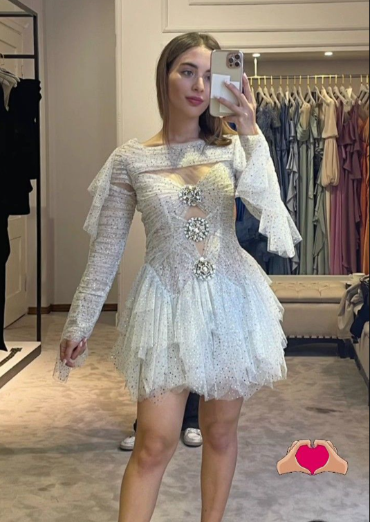 Pretty White Tulle Sequin Long Sleeves A Line Short Homecoming Dress Birthday Outfits D217