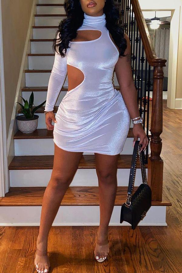 Sexy High Neck Slim One Sleeve Hollow Mini Dress Fashionpara