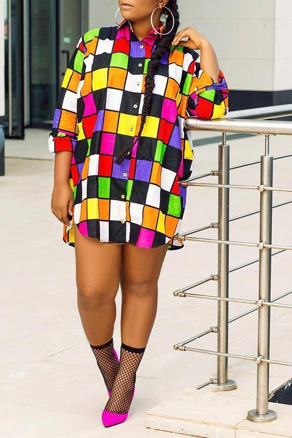 Fashion Colorful Lattice Long Sleeve Loose Mini Dress Fashionpara