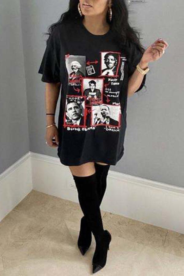 Casual Loose Portrait Print Short Sleeve Mini Dress Fashionpara