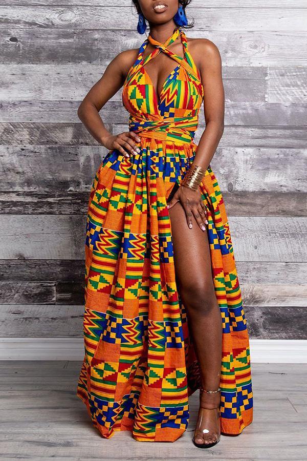 Elegant Printed Lace Up Slit Sleeveless Maxi Dress Fashionpara