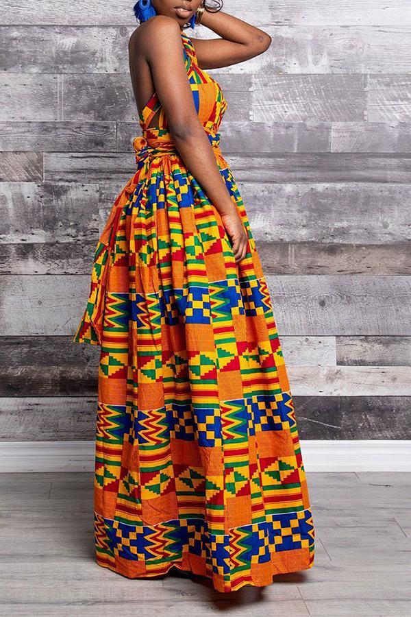 Elegant Printed Lace Up Slit Sleeveless Maxi Dress Fashionpara