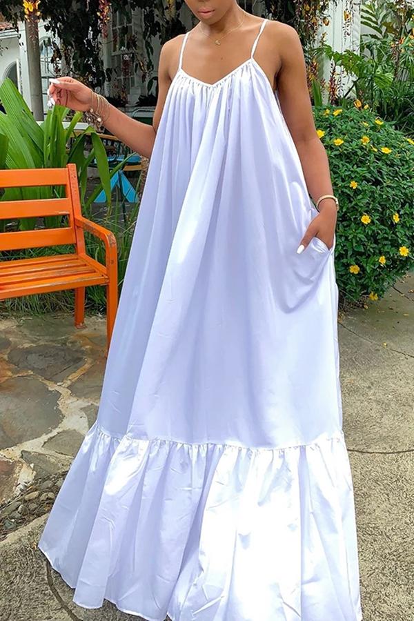 African dress women-Sexy Solid Color Pleated Suspender Maxi Dress - Fashionpara