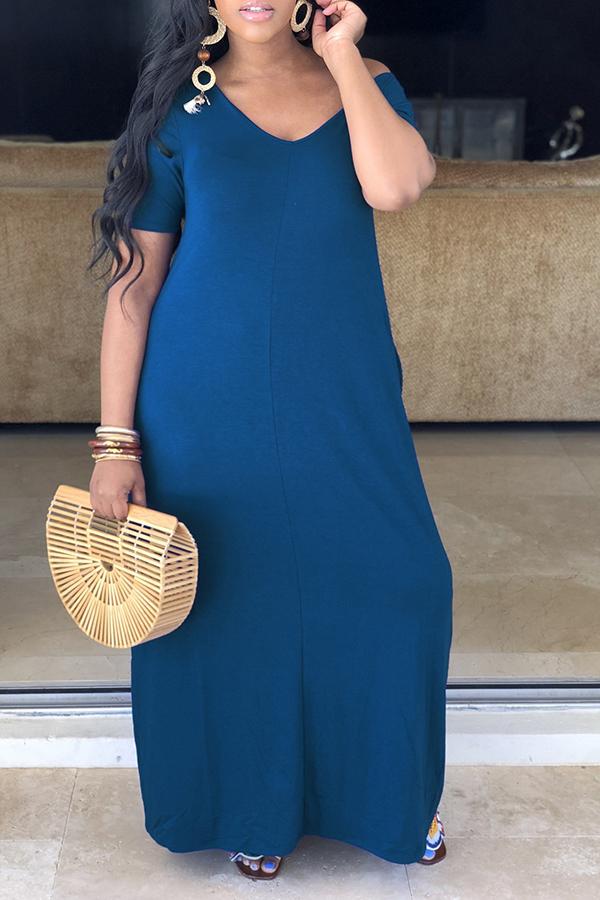 Basic Solid Color V Neck Short Sleeved Maxi Dress - Fashionpara