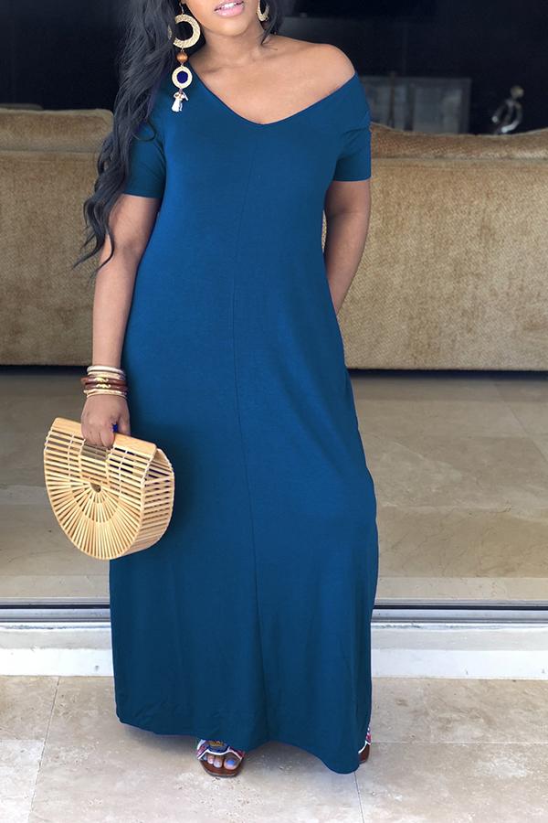 Basic Solid Color V Neck Short Sleeved Maxi Dress - Fashionpara