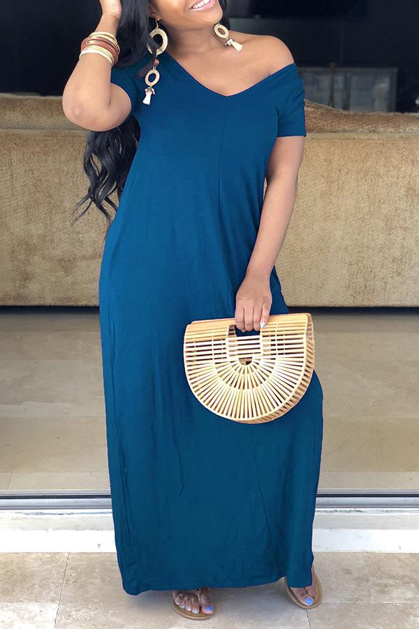 Basic Solid Color V Neck Short Sleeved Maxi Dress - Fashionpara