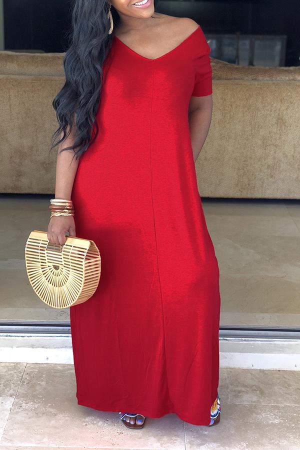 Basic Solid Color V Neck Short Sleeved Maxi Dress Fashionpara