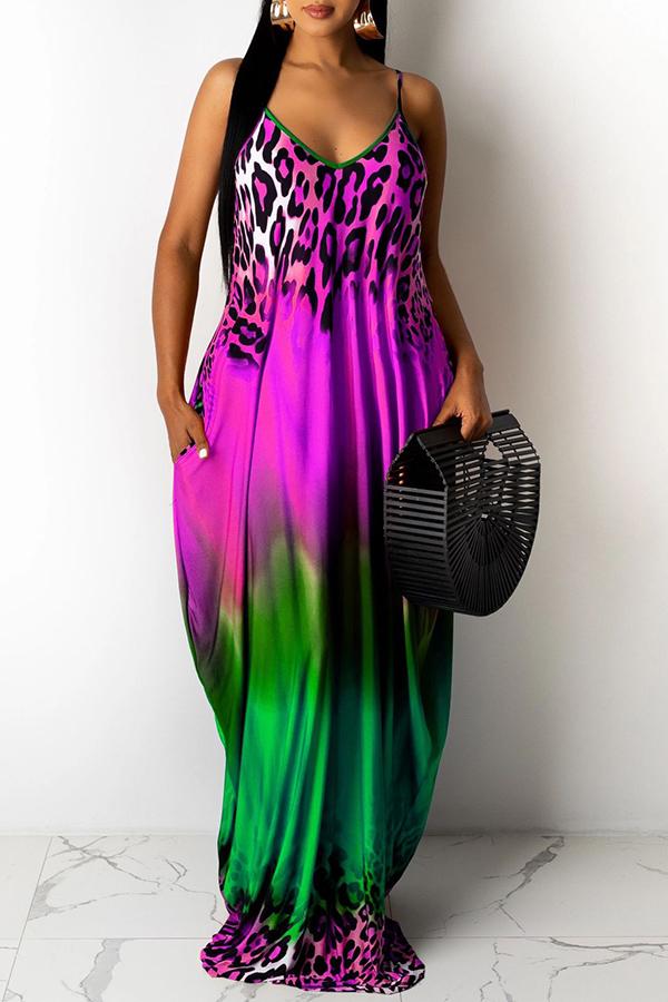 Loose Leopard Gradient Print Suspender Maxi Dress Fashionpara