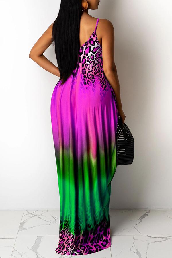 Loose Leopard Gradient Print Suspender Maxi Dress Fashionpara