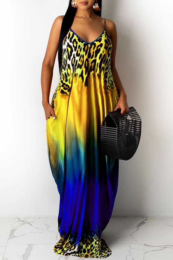 Loose Leopard Gradient Print Suspender Maxi Dress Fashionpara