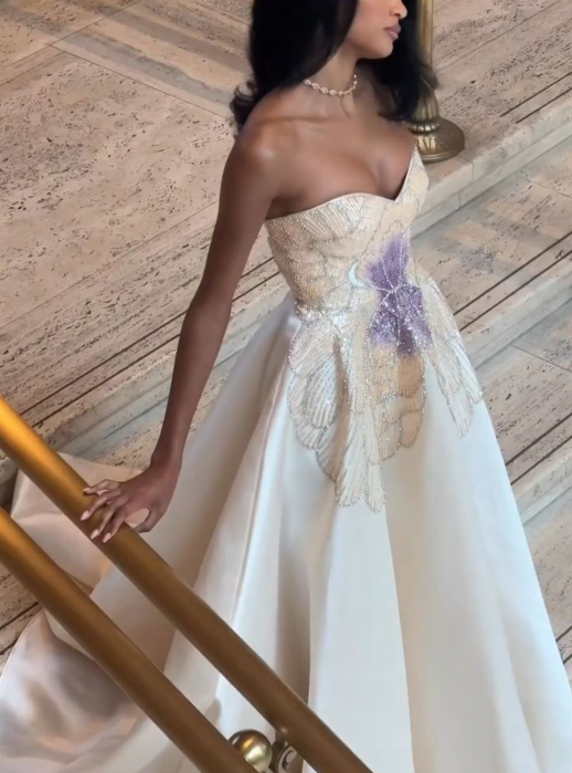 Charming Strapless White Satin Sequin Beaded Formal Bridal Dress Long Wedding Dress D1073