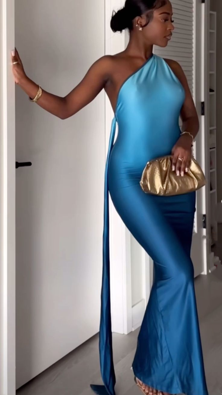 Sexy One Shoulder Backless Ombre Sea Blue Satin Mermaid Evening Gown Long Party Dress D831
