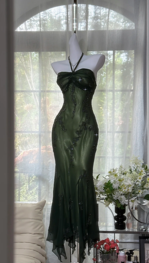 Vintage Green Halter Satin Chiffon Beaded Mermaid Evening Dress Long Party Dress D924