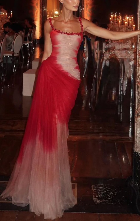 Charming Spaghetti Straps Ombre Red Tulle Beaded Mermaid Evening Dress Formal Long Party Gown D838