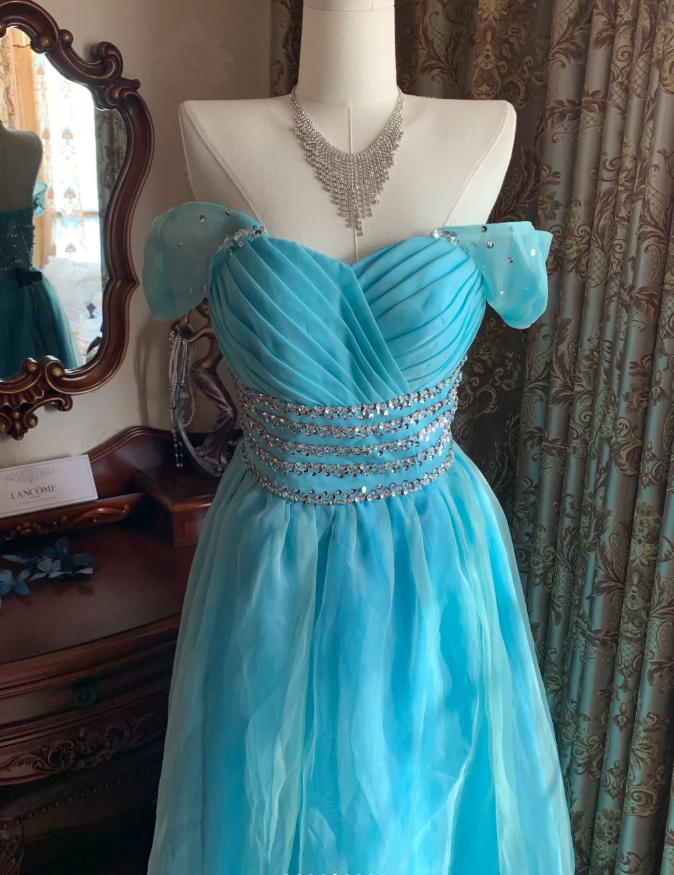 Cute Off The Shoulder Blue Tulle Beaded A Line Princess Party Dress Long Evening Gown D1714