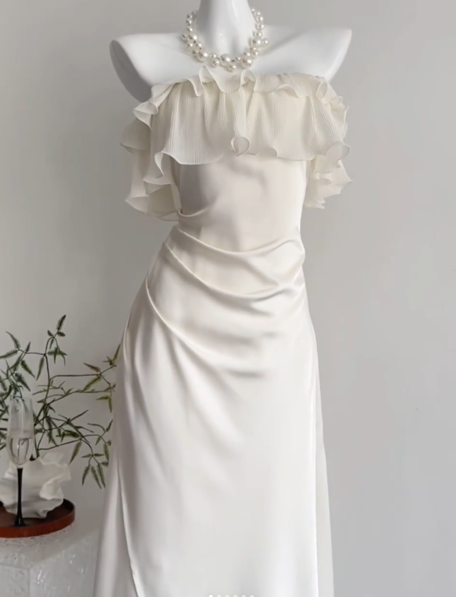 Classy Strapless White Satin Chiffon Long Prom Dress Birthday Party Dress D643