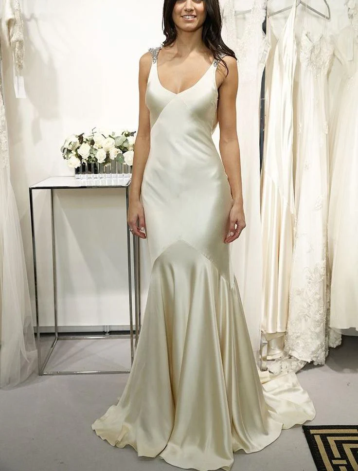Elegant Sheath V Neckline Floor-length Satin Long Satin Evening Dress Prom Dresses SD2057