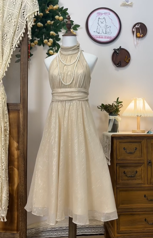 Sparkly Champagne Tulle Sequin A Line Formal Homecoming Dress Halter Birthday Dress S458