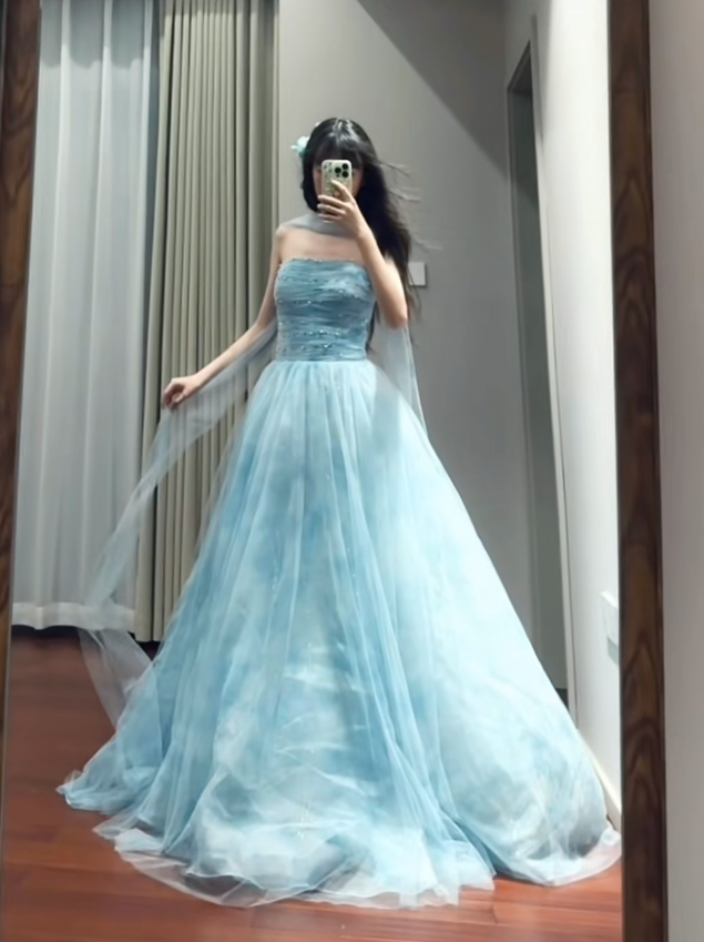 Classy Blue Strapless Tulle Beaded Long Party Dress Birthday Prom Dresses D1696