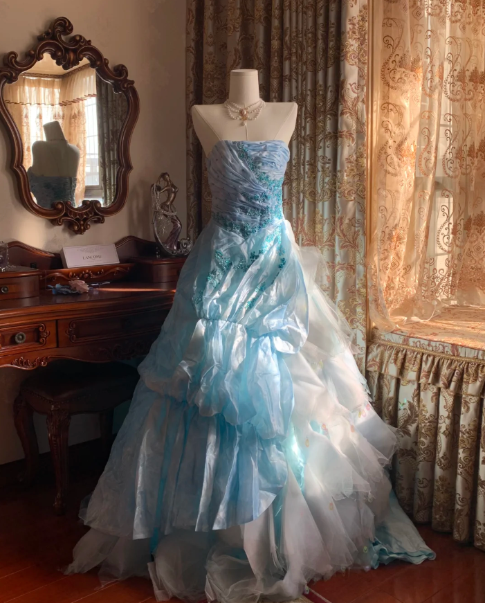 Elegant Blue Strapless Tulle Satin Appliques Long Party Dress Birthday Prom Gown D1772