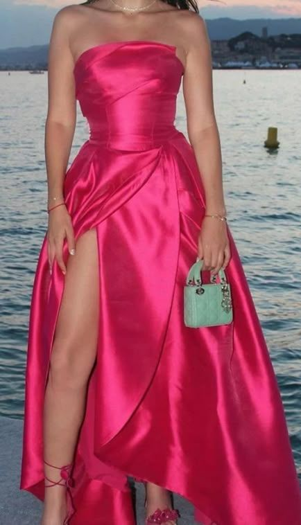 Stylish Hot Pink Strapless Satin A Line Slit Long Wedding Guest Dress Evening Dress D1574
