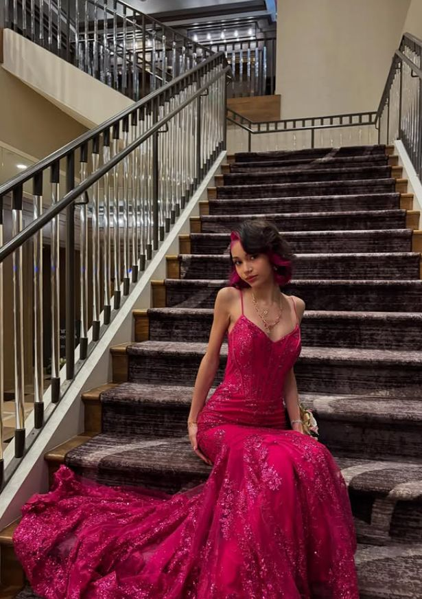 Charming Spaghetti Straps V Neck Satin Lace Sequin Evening Dress Hot Pink Mermaid Party Gowns D899