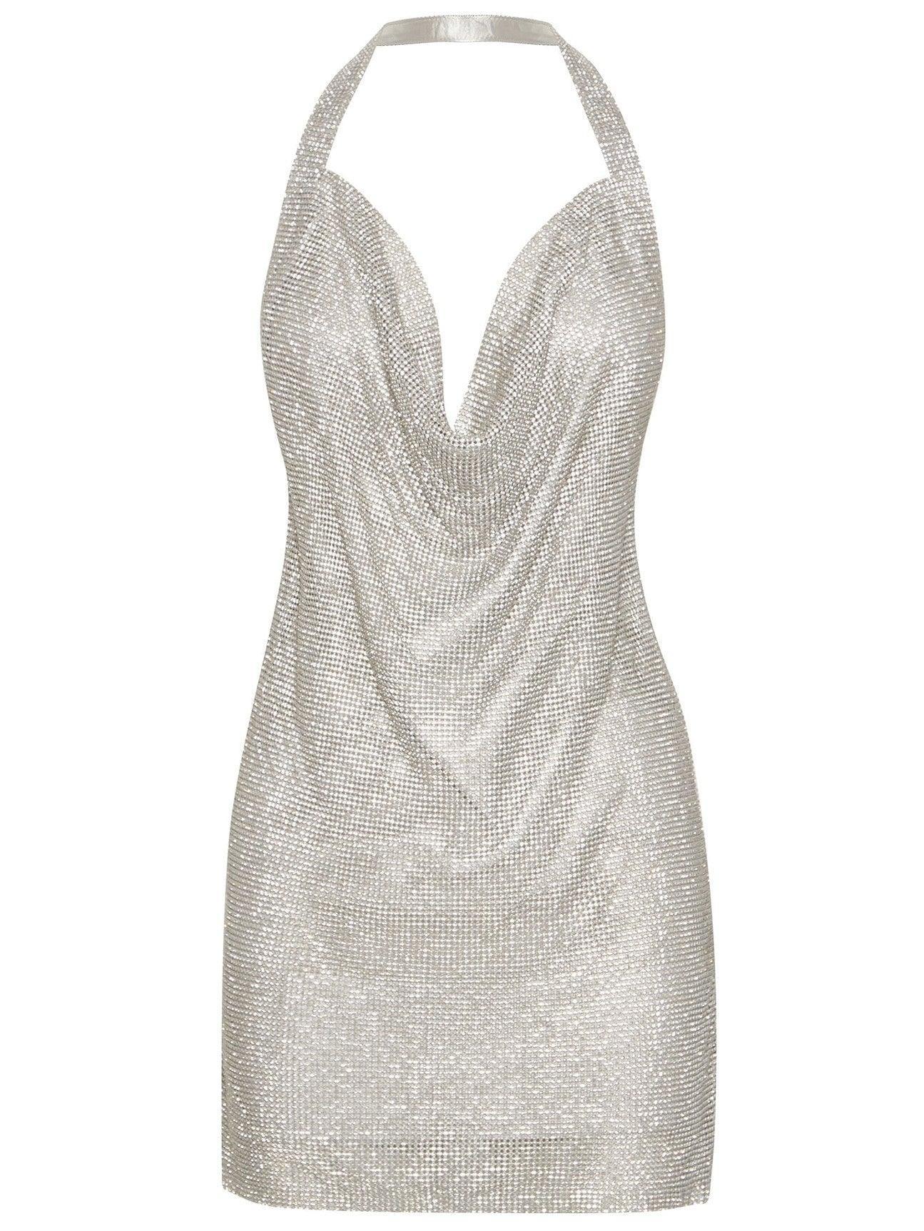 Mabel Diamante Mesh Mini Dress In Silver