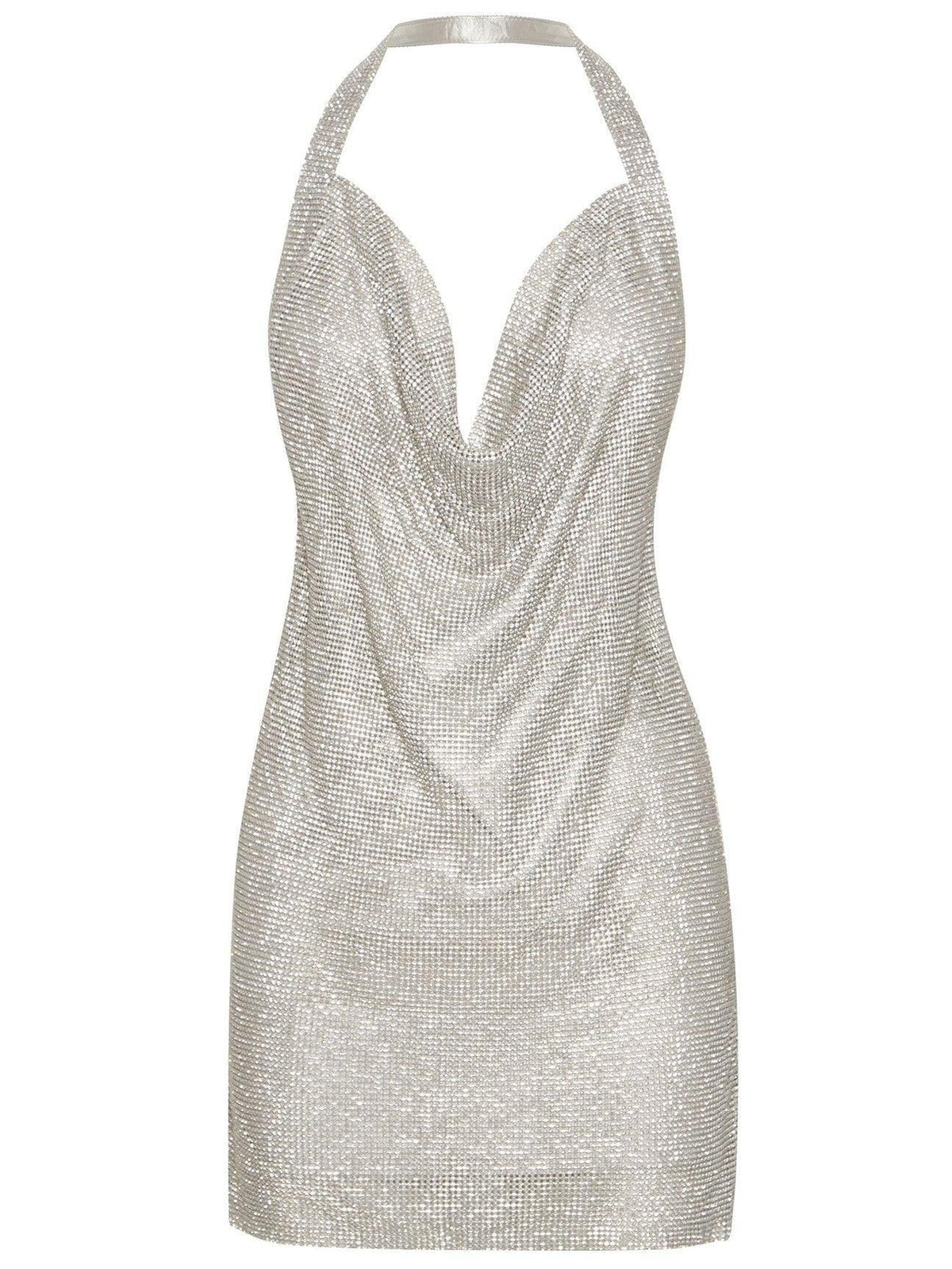 Diamante Mesh Cowl Neck Halter Backless Mini Dress 6