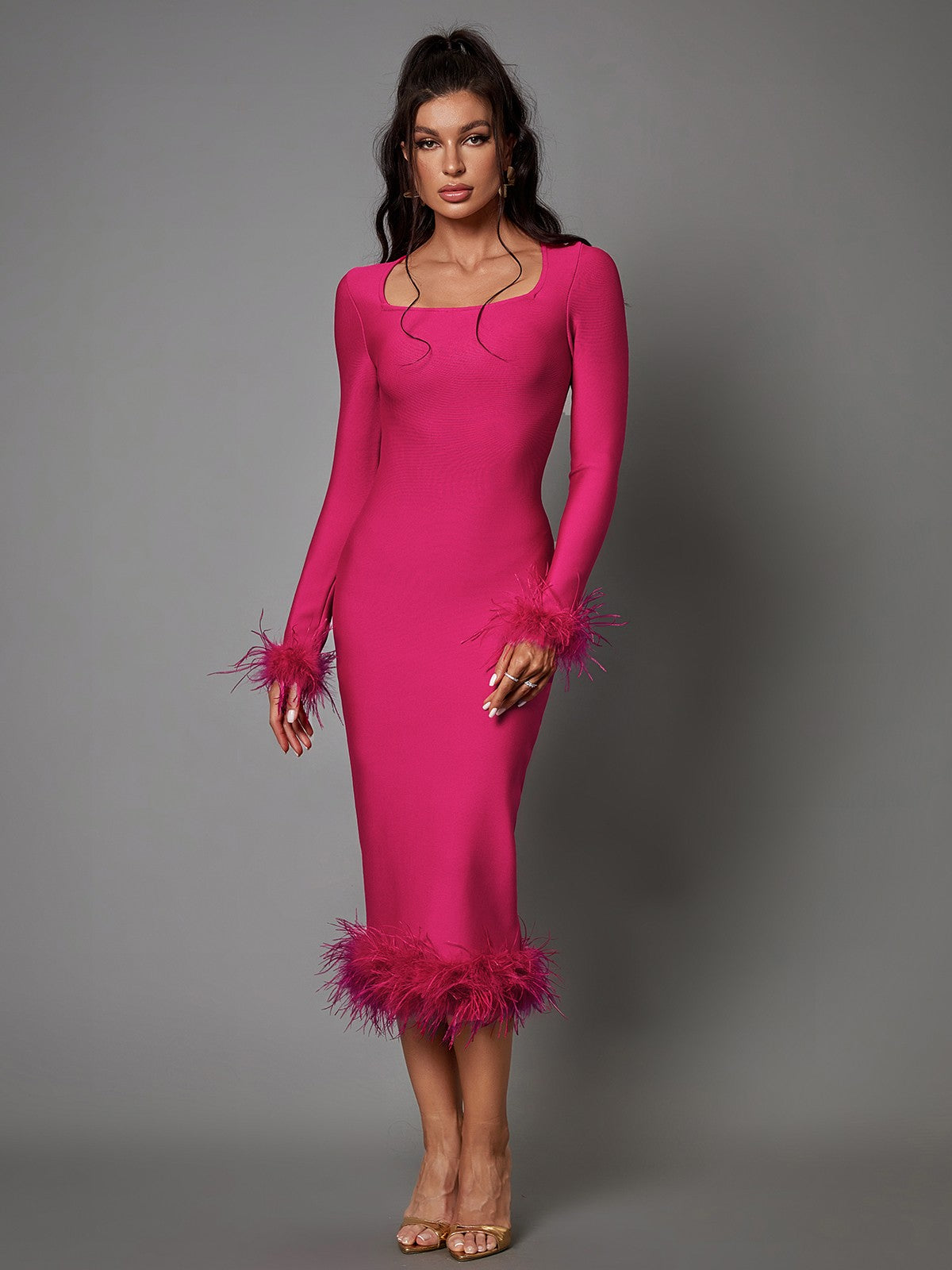 Madeline Long Sleeve Feather Bandage Dress In Hot Pink