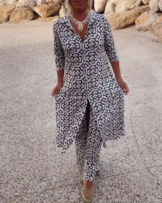 Collared Button Front Tile Print Longline Top and Pants Two Piece Set 5