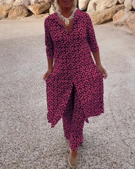 Collared Button Front Tile Print Longline Top and Pants Two Piece Set 7
