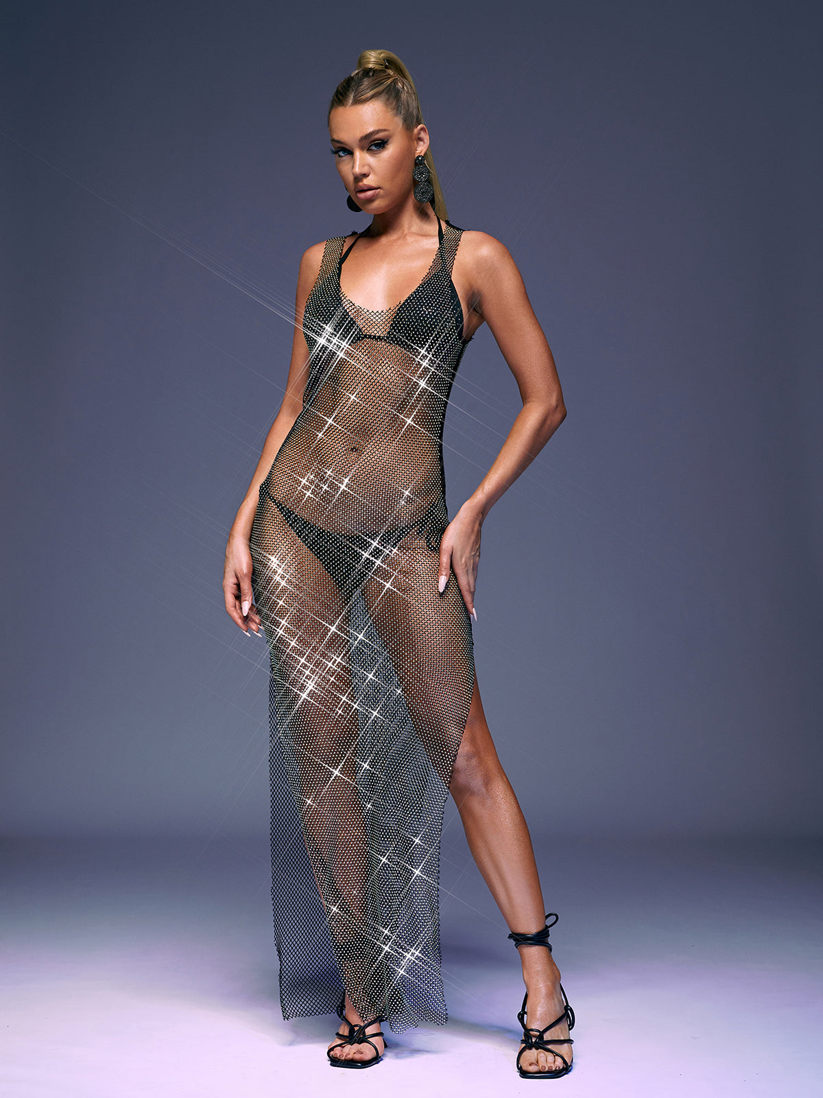 Rhinestone Fishnet Mesh Sheer High-Slit Maxi Dress