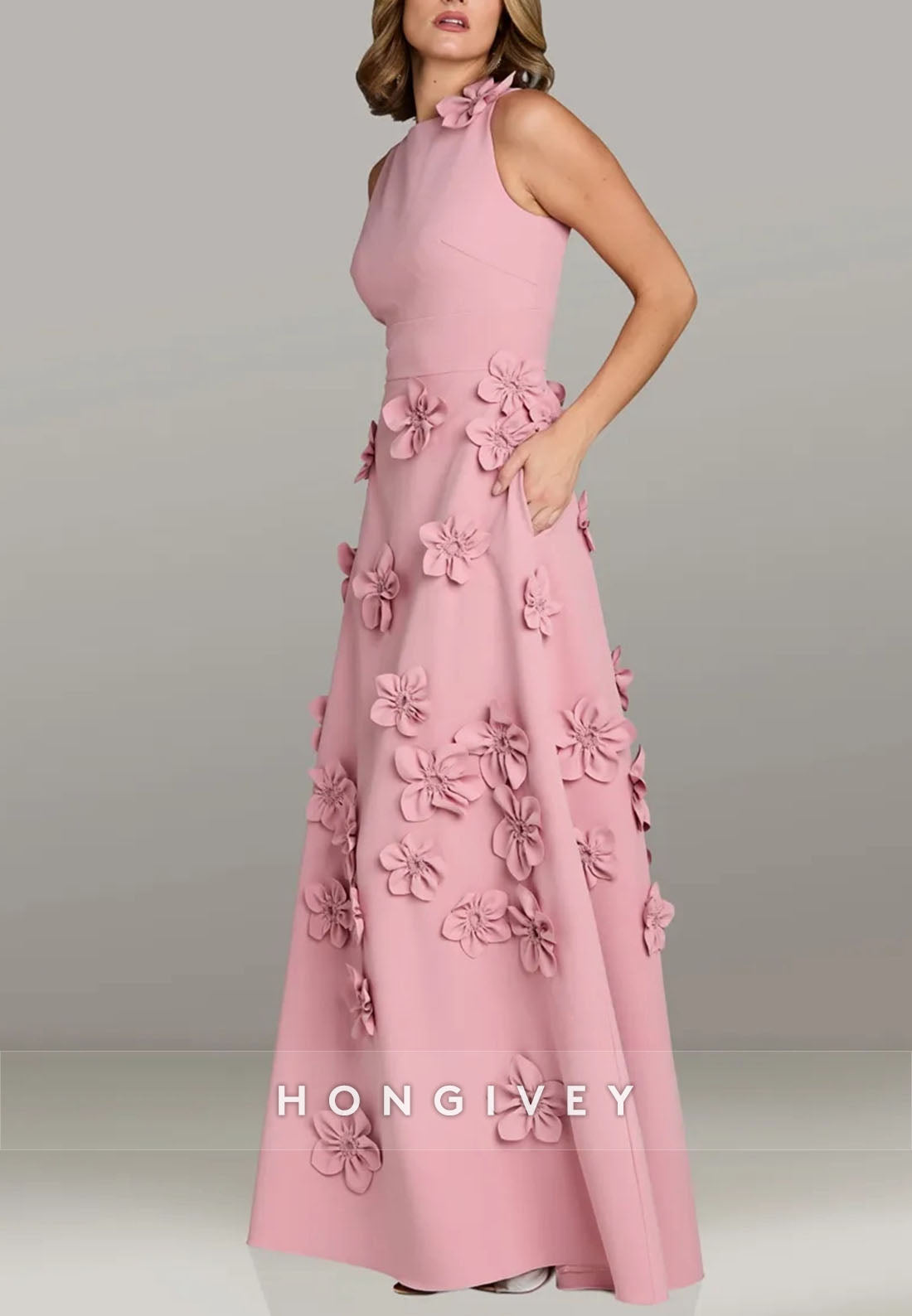 Halter Floor-Length A-line Evening Gown Pleated Flowers Mother of the Bride Dress