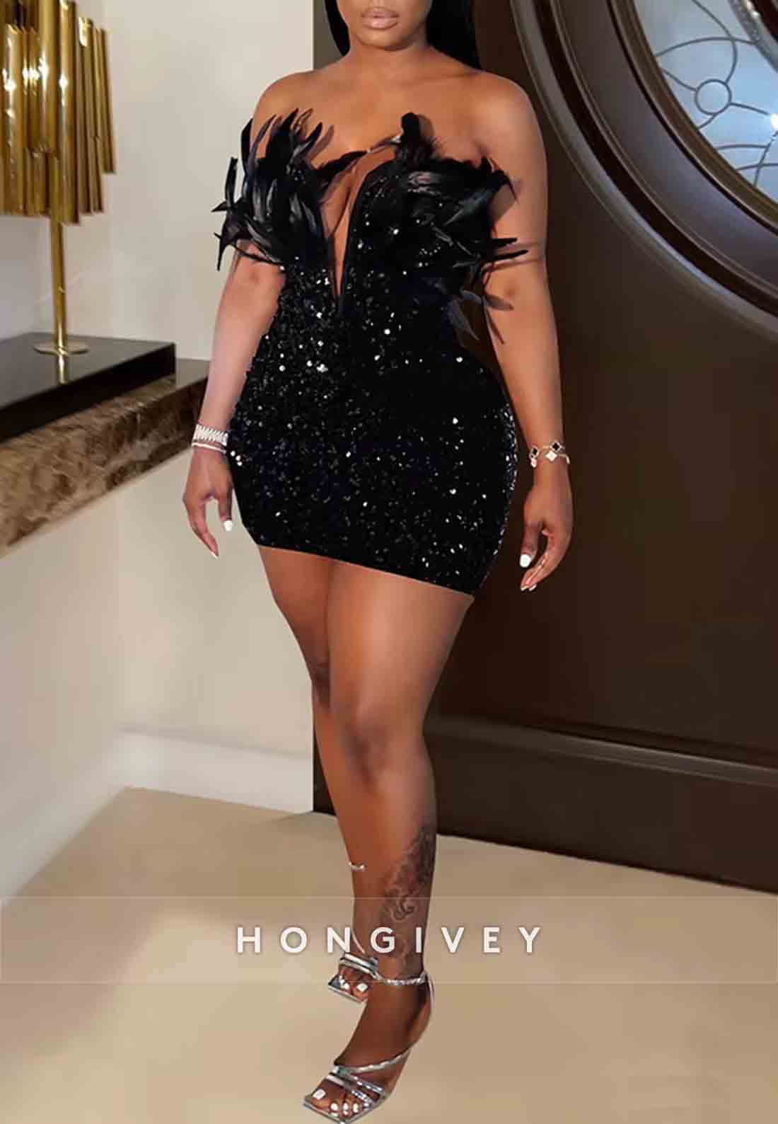 Low V-Neck Strapless Feather Sheath Sleeveless Glitter Mini Homecoming Dresses