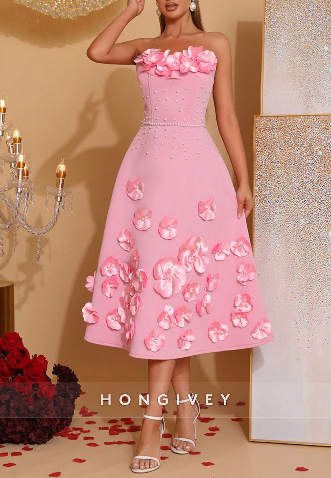 3D Floral Strapless A-Line Formal Wedding Tea Length Cocktail Dresses with Pearls