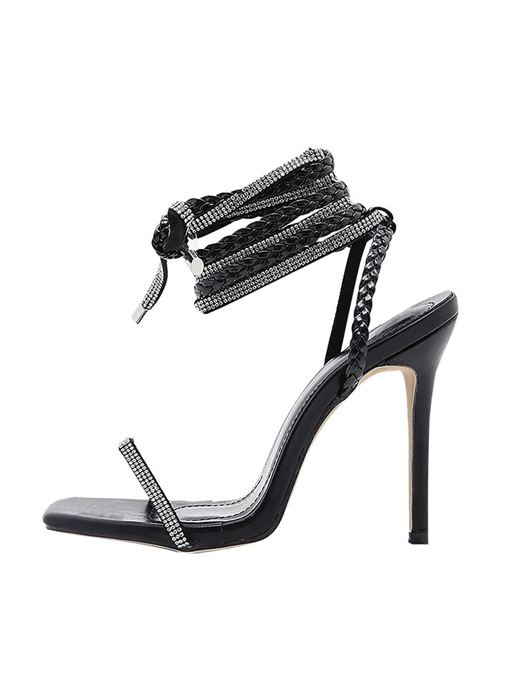Rhinestone Braided Straps Lace-Up Heels