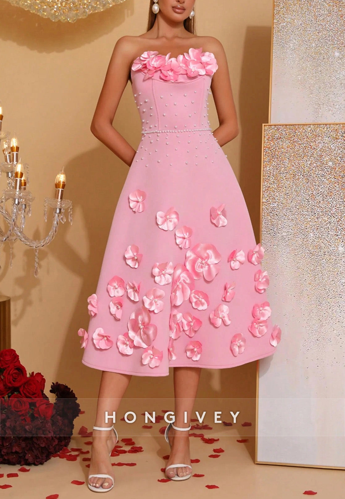 3D Floral Strapless A-Line Formal Wedding Tea Length Cocktail Dresses with Pearls