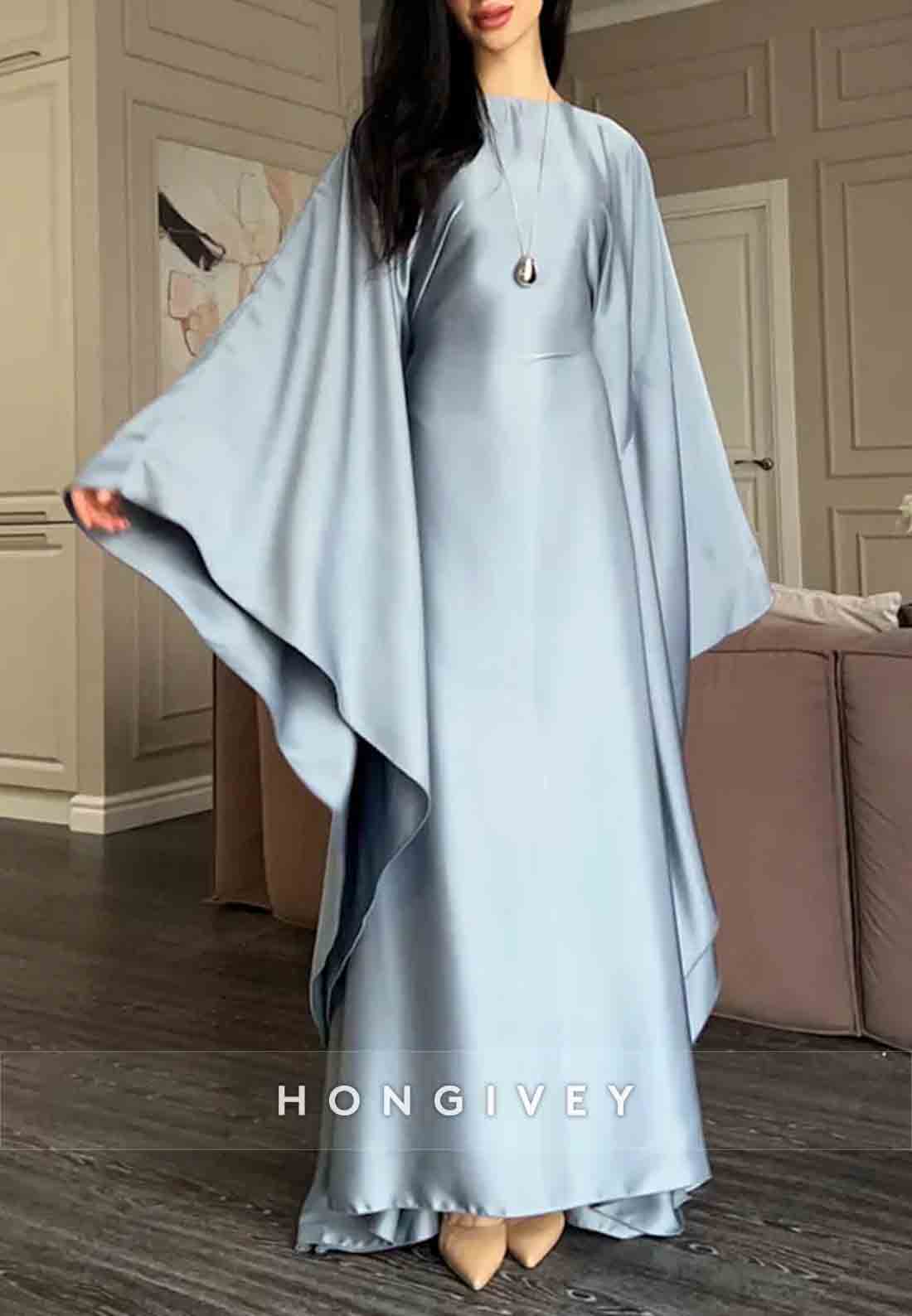 Flutter Sleeves Evening Gown Satin A-line Floor-Length Mother of the Bride