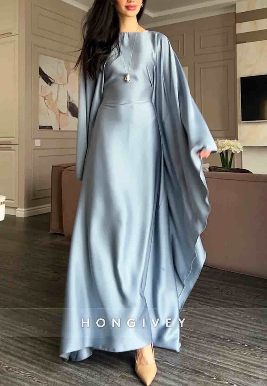Flutter Sleeves Evening Gown Satin A-line Floor-Length Mother of the Bride