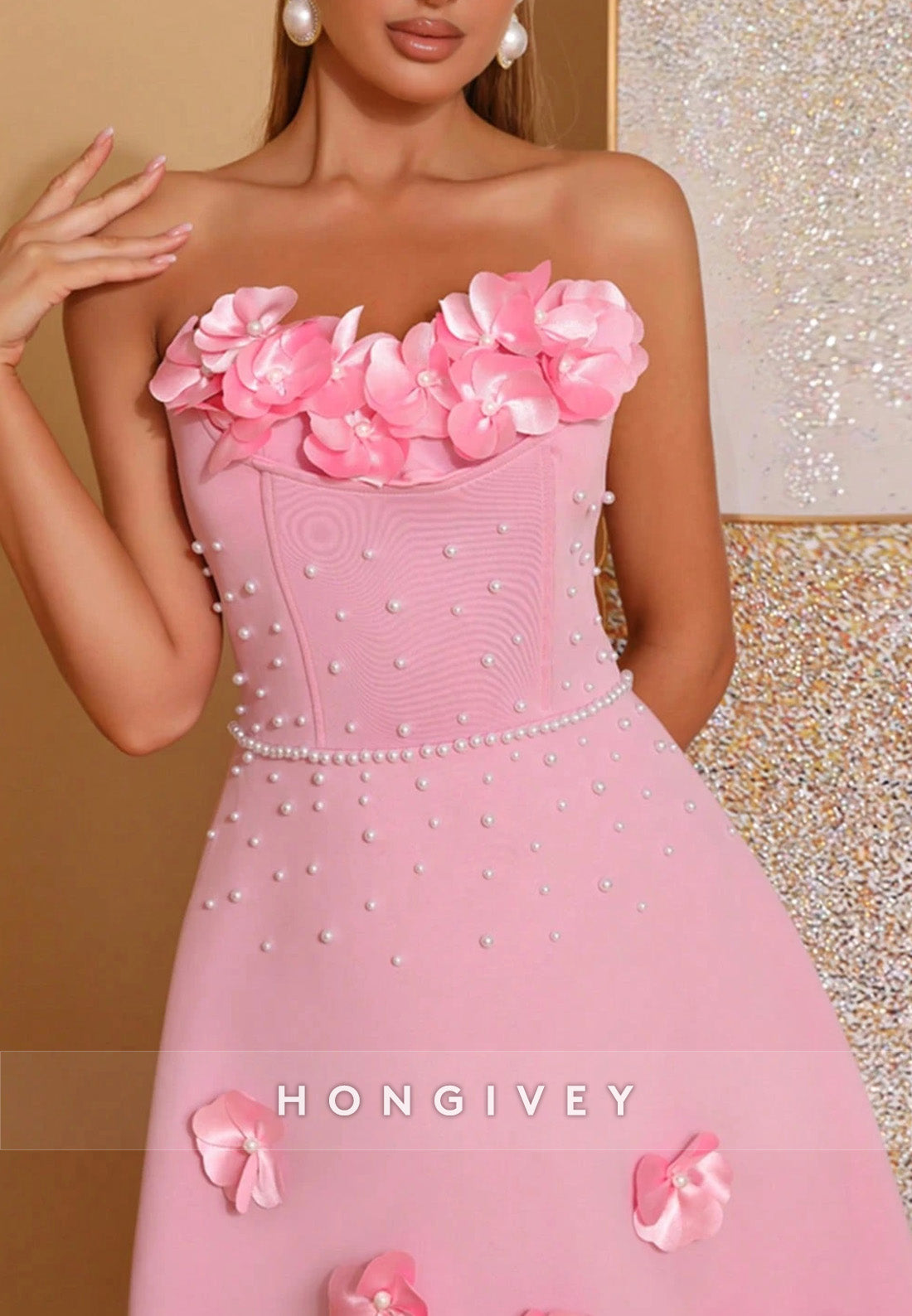 3D Floral Strapless A-Line Formal Wedding Tea Length Cocktail Dresses with Pearls