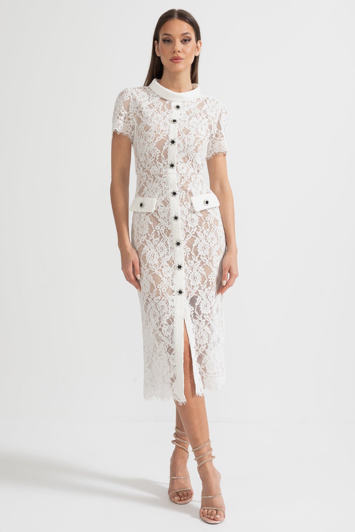 Lace High Neck Button Front Pocket Slit Midi Dress