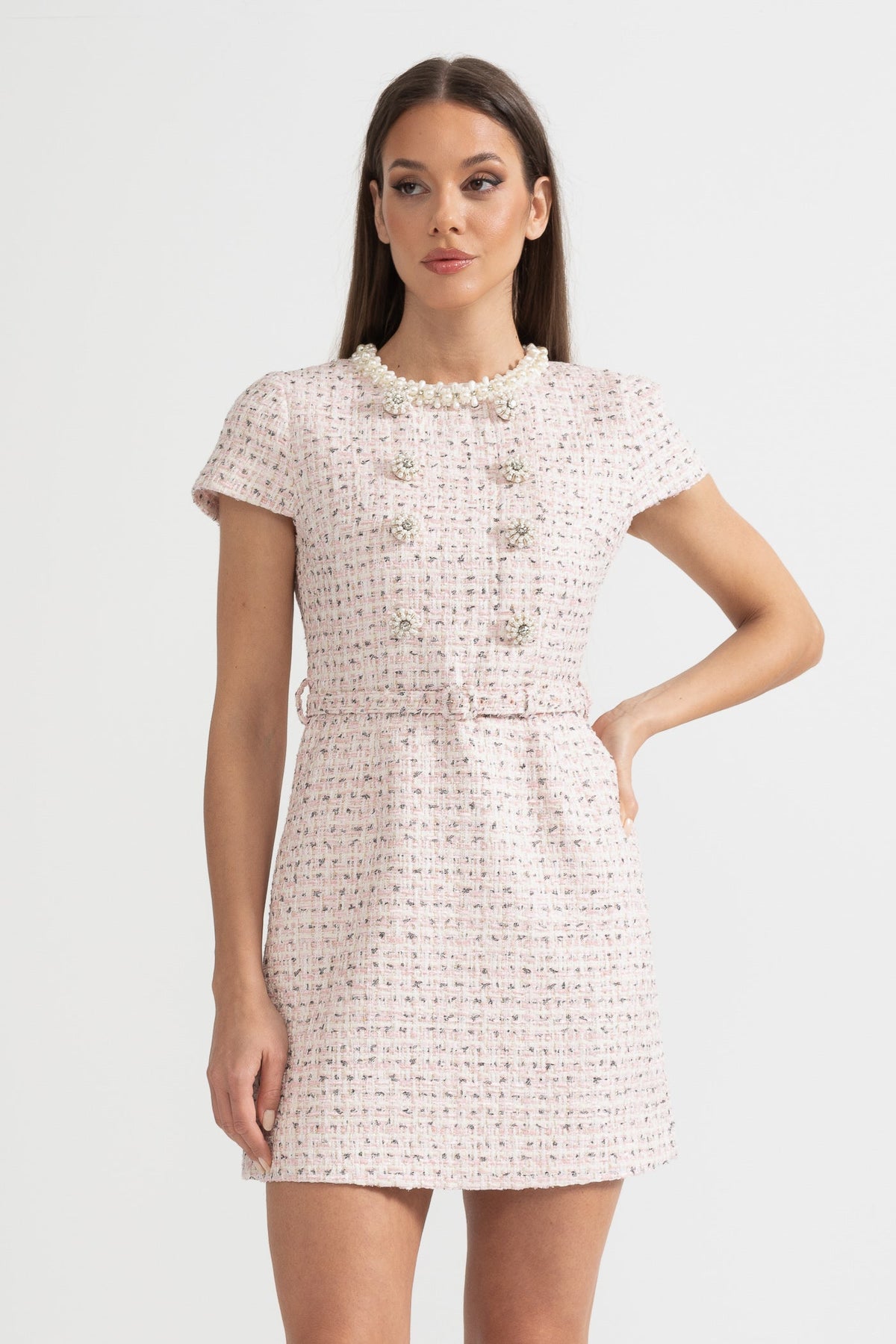 Tweed Pearl Collar Crystal Button Belted Mini Dress
