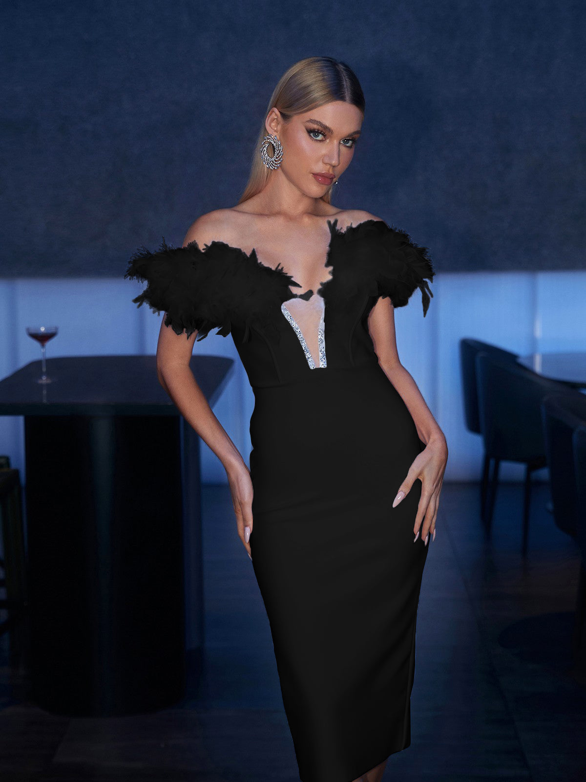 Off Shoulder Feather Trim Deep V-Neck Bandage Bodycon Midi Dress - View 3