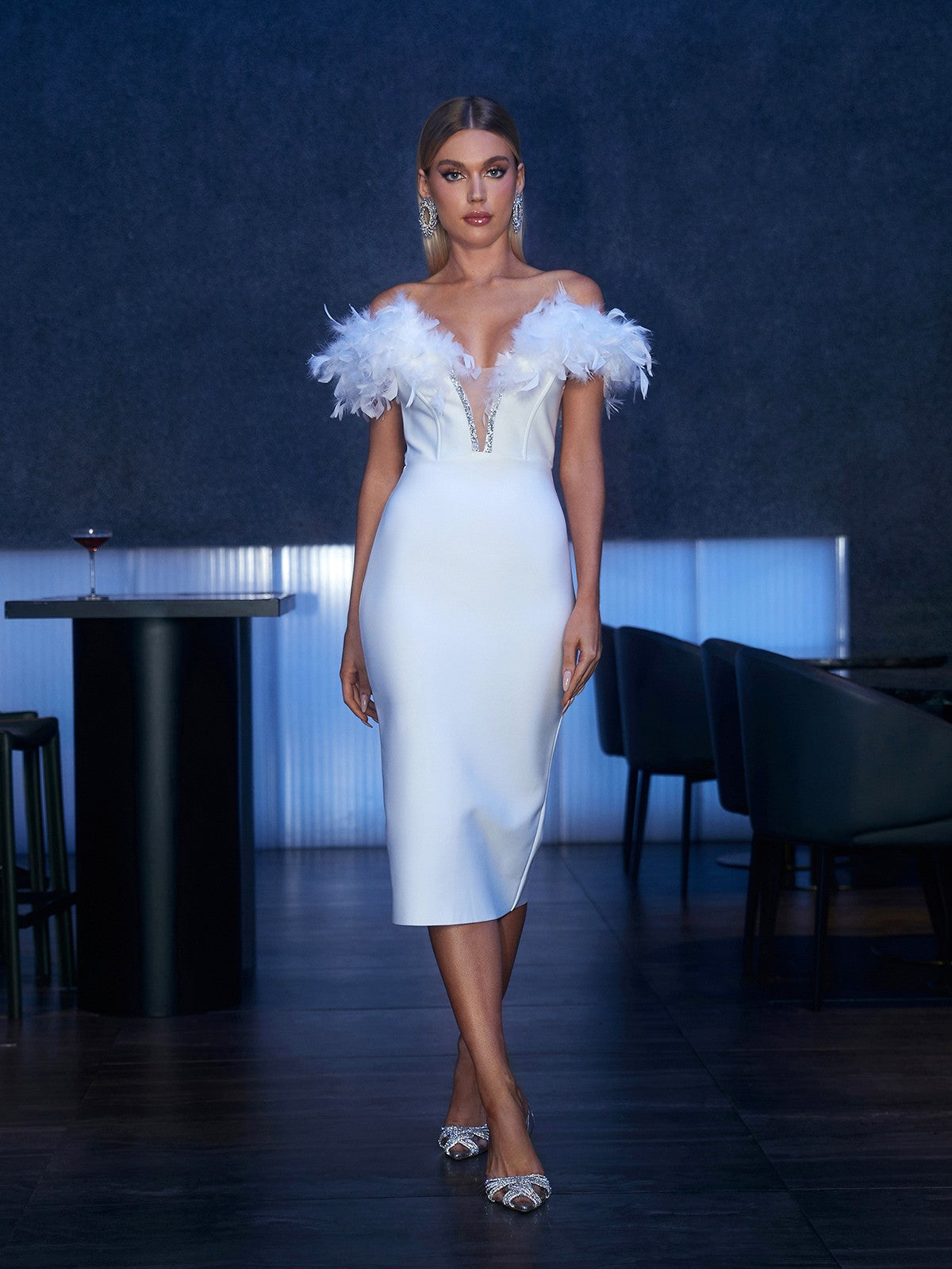 Feather Trim Off Shoulder Plunge V Neck Bandage Midi Dress