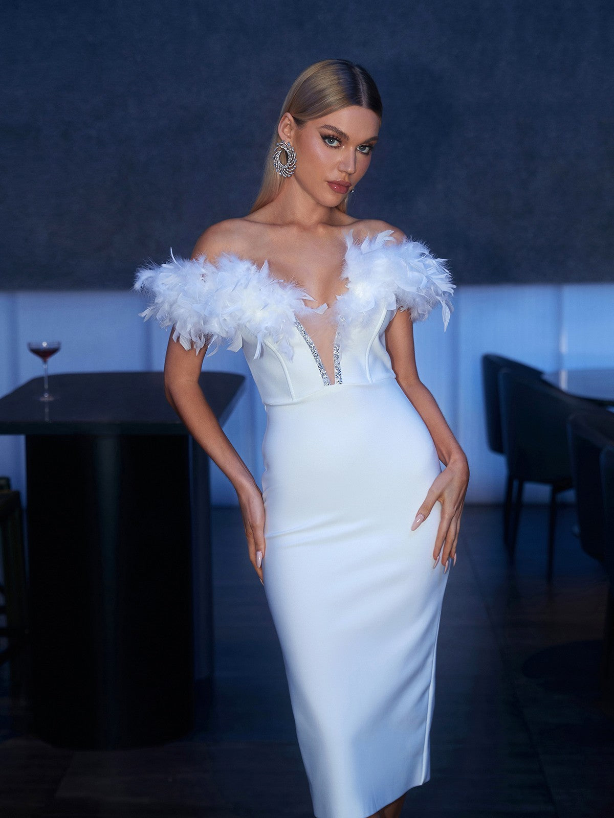 Feather Trim Off Shoulder Plunge V Neck Bandage Midi Dress