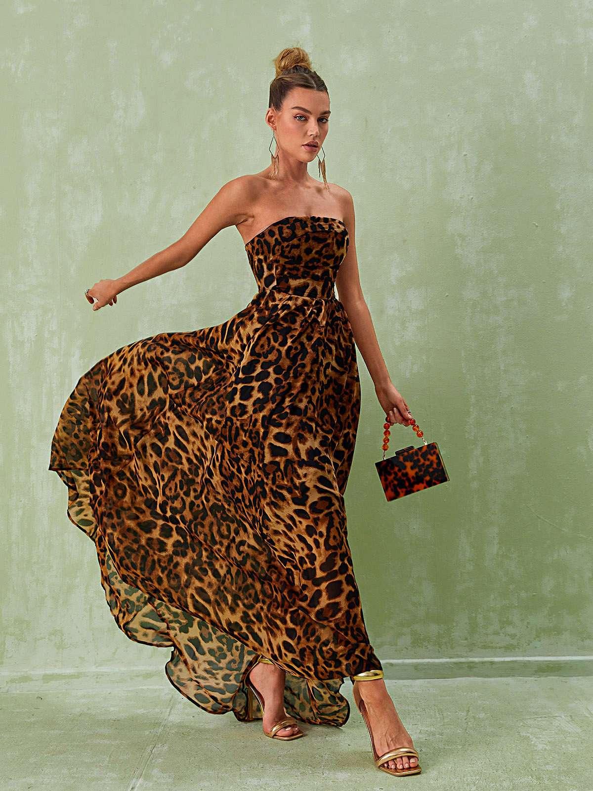 Leopard Print Strapless High Split Maxi Dress 2
