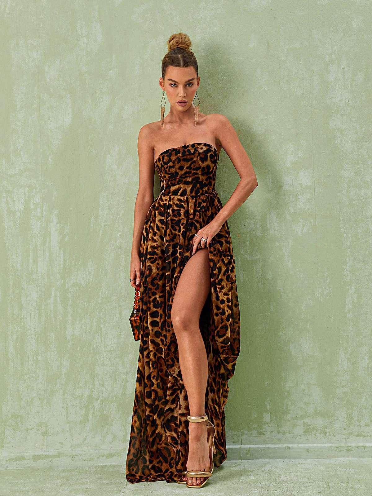 Leopard Print Strapless High Split Maxi Dress