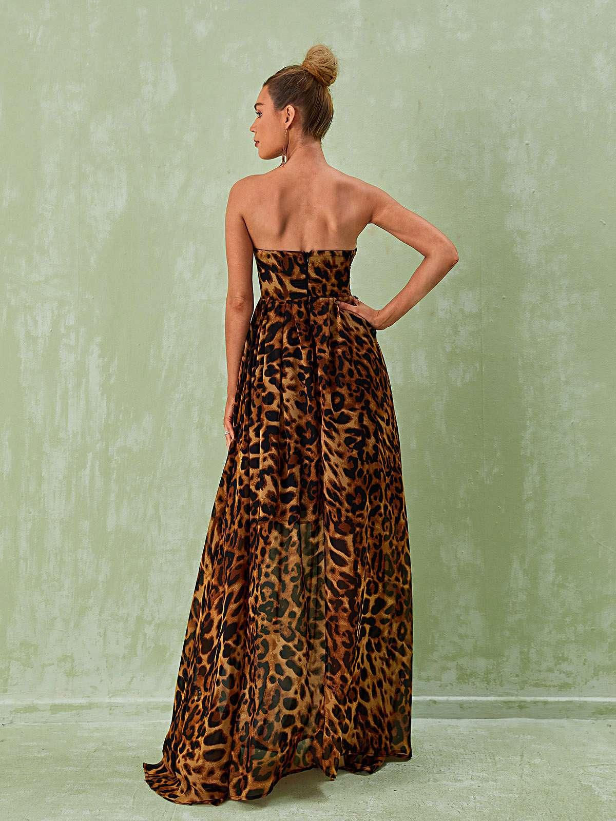 Leopard Print Strapless High Split Maxi Dress 5