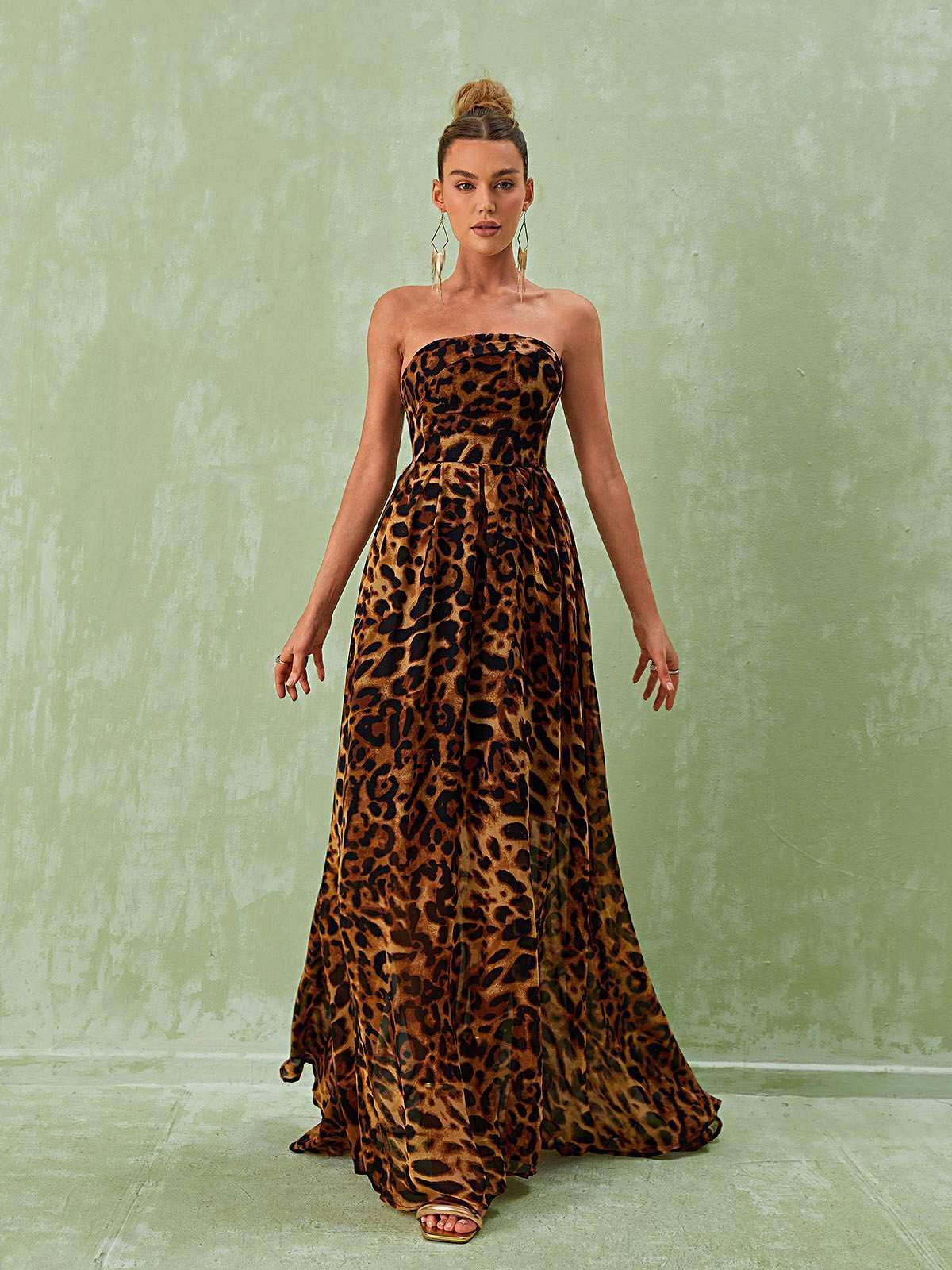 Leopard Print Strapless High Split Maxi Dress 3